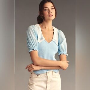 Anthropologie Light Blue Puff Short Sleeve Top with Lace  Collar SOLD OUT